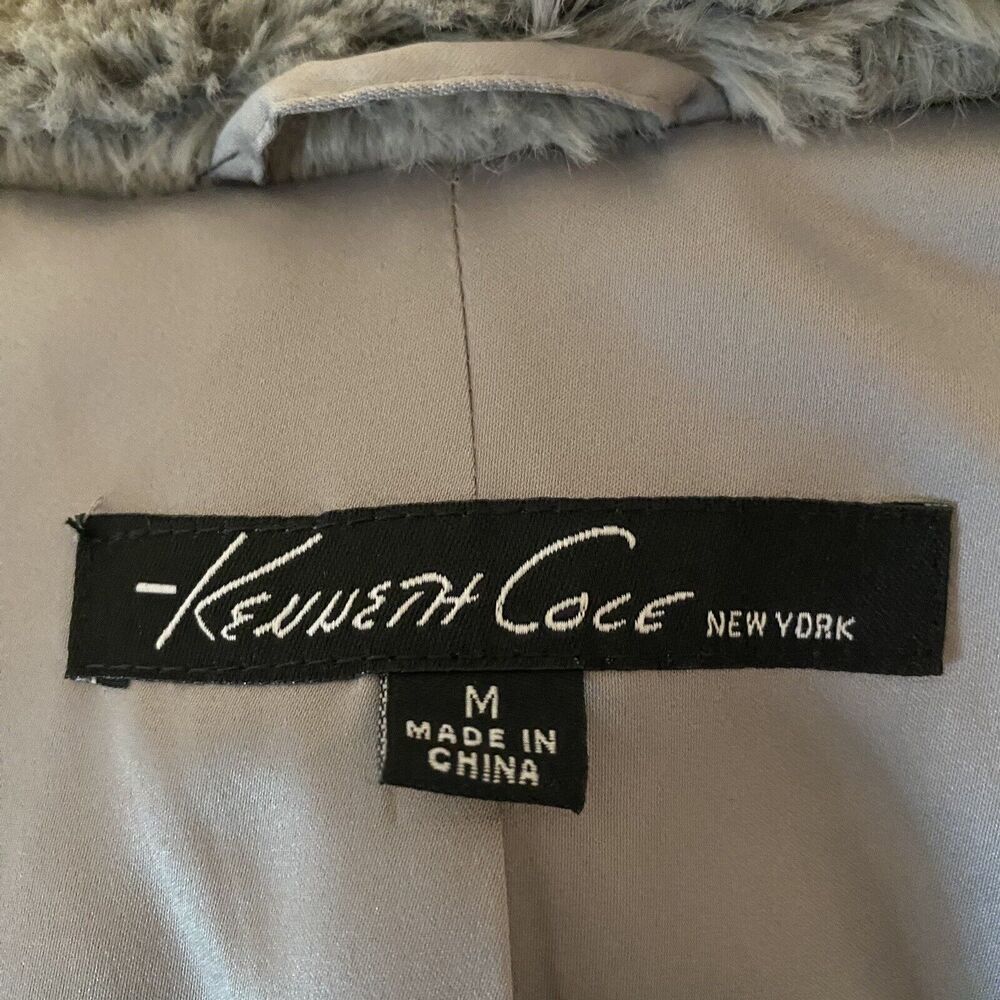 Teddy Bear Coat Womens Size M Kenneth Cole Gray Faux Fur Hooded Cozy Warm - Picture 7 of 9